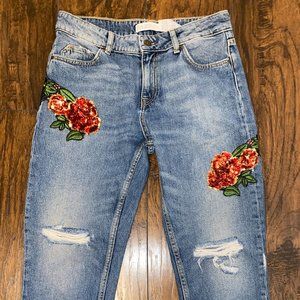 Zara Denim Mid Rise Jeans Embroidered Sequins Flower Details